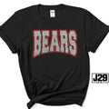 A black short-sleeve t-shirt with a distressed gray 'BEARS' graphic outlined in red on the chest, displayed on a clean white background with a J29 Spirit logo overlay in the bottom right corner.