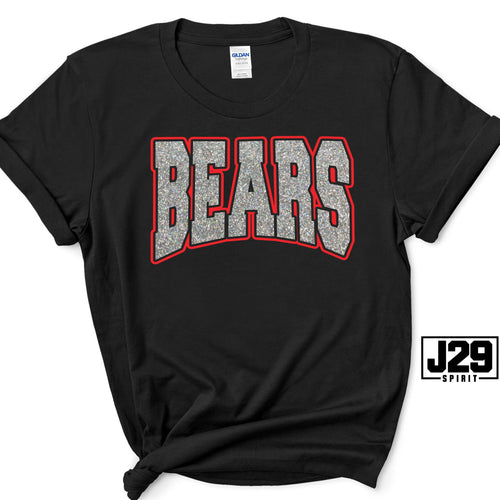 A black short-sleeve t-shirt with a distressed gray 'BEARS' graphic outlined in red on the chest, displayed on a clean white background with a J29 Spirit logo overlay in the bottom right corner.