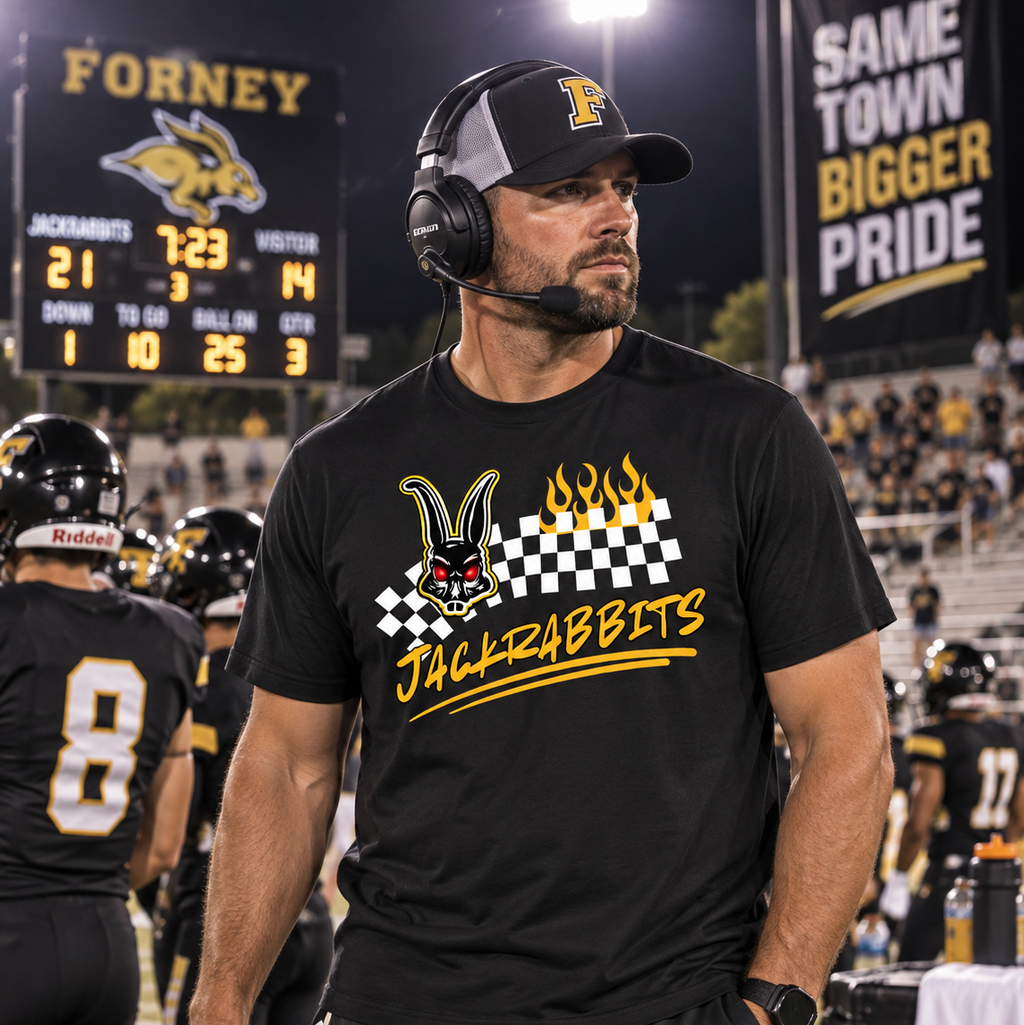 A man in a black football uniform stands on a football field at night, wearing a black graphic t-shirt with a rabbit logo and the word 'JACKRABBITS' in yellow, along with a black and gray cap. Other players and a scoreboard are visible in the background.